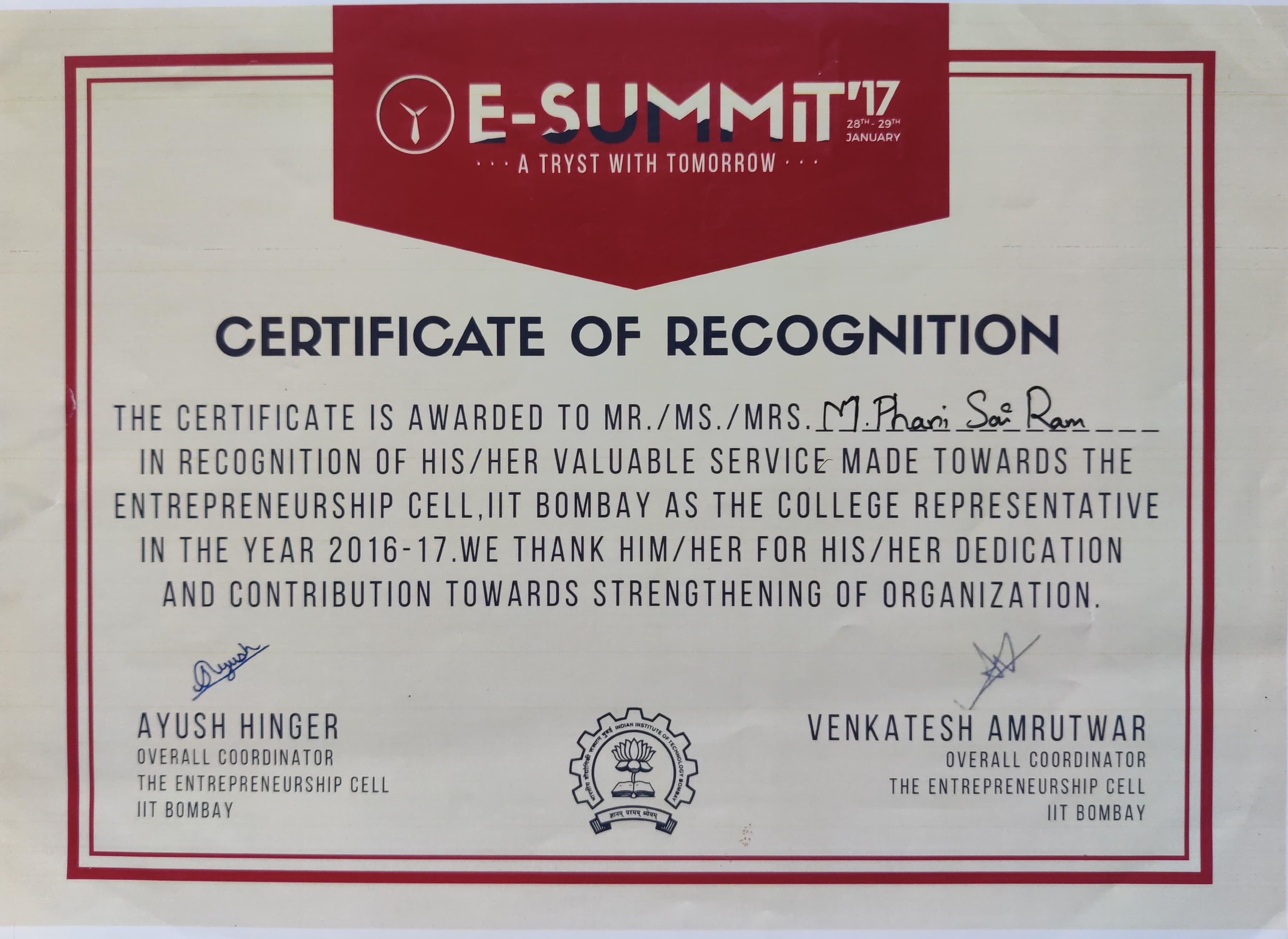 College Representative Recognition